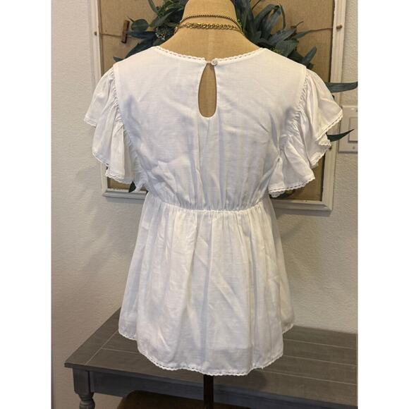 J.MARIE Embroidered Floral White/Pink Top Shirt Tunic Women size S Boho Ruffles - Picture 4 of 7